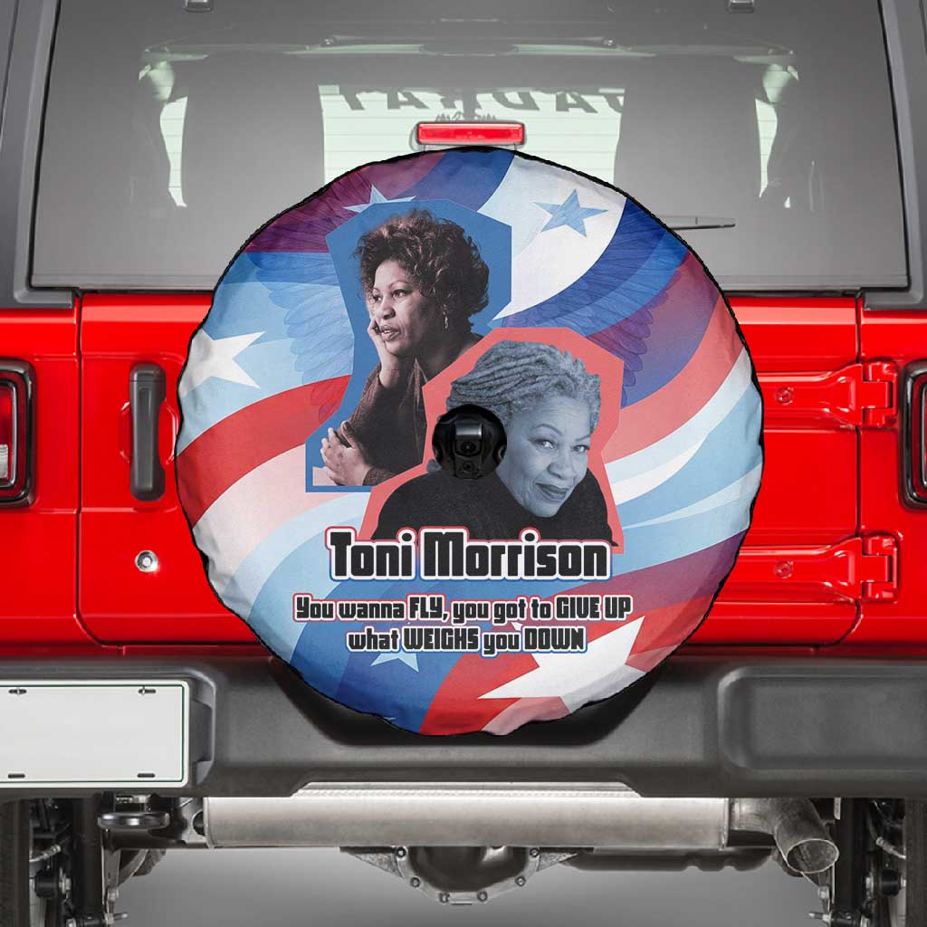 Toni Morrison Spare Tire Cover Abstract Wings Design Empowering Quote Dual Portrait Celebration of Literary Freedom - African Pride