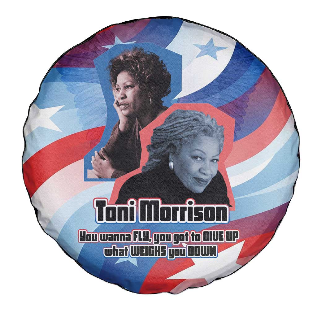 Toni Morrison Spare Tire Cover Abstract Wings Design Empowering Quote Dual Portrait Celebration of Literary Freedom - African Pride