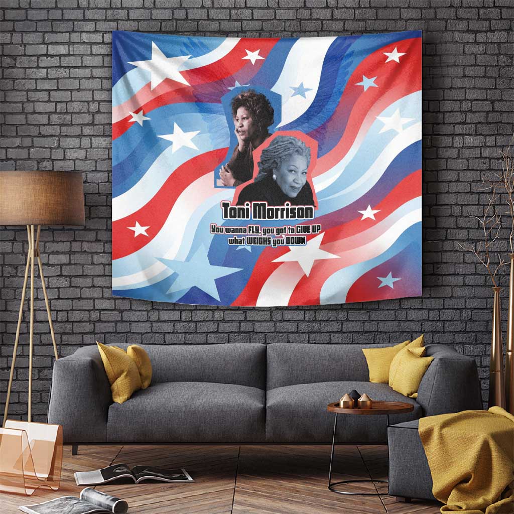 Toni Morrison Tapestry Abstract Wings Design Empowering Quote Dual Portrait Celebration of Literary Freedom - African Pride