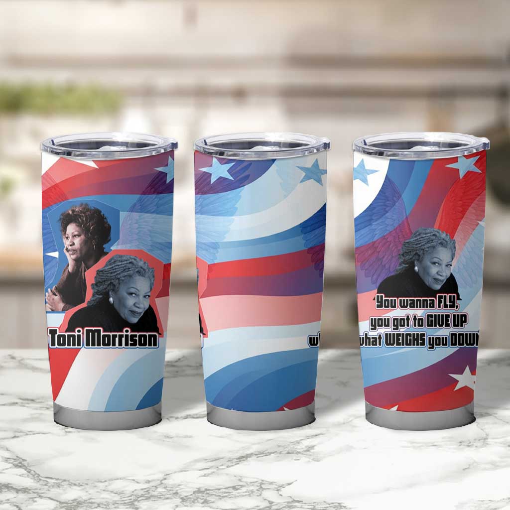Toni Morrison Tumbler Cup Abstract Wings Design Empowering Quote Dual Portrait Celebration of Literary Freedom - African Pride