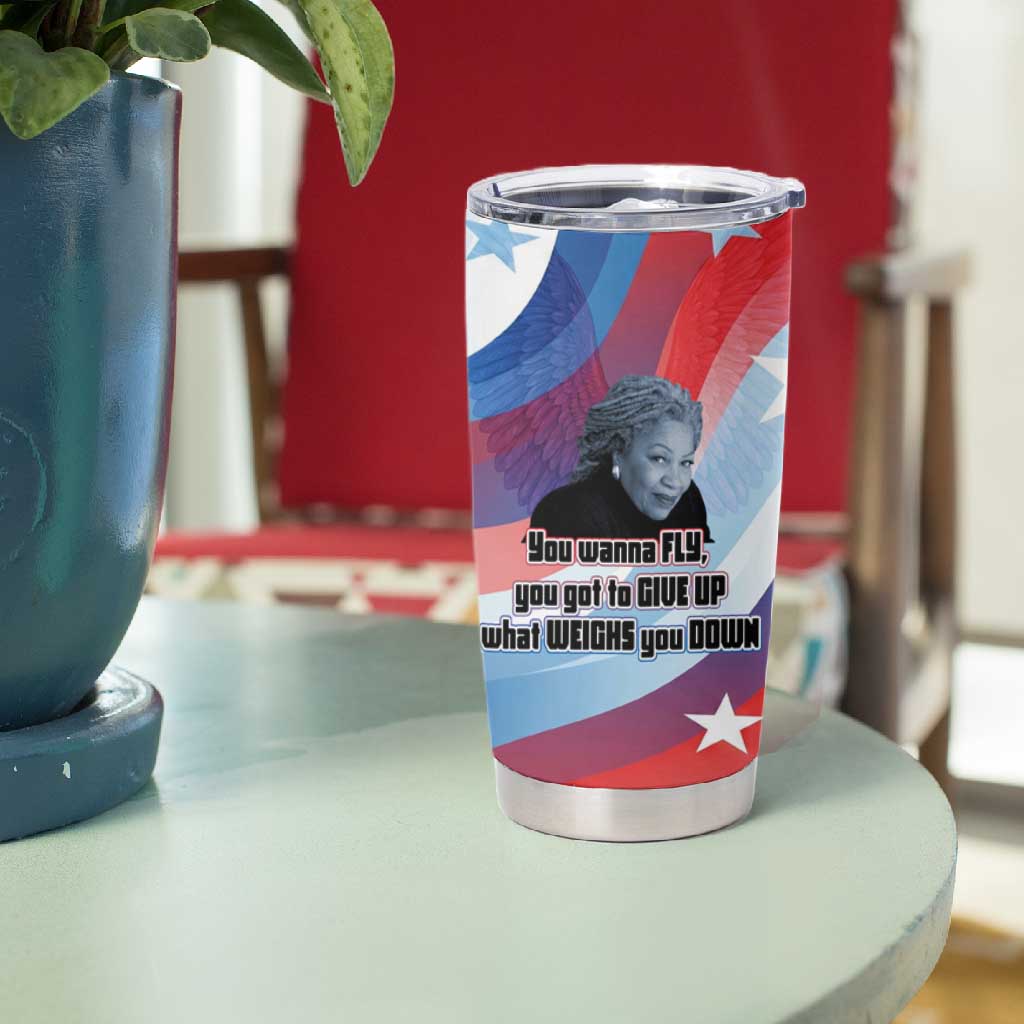 Toni Morrison Tumbler Cup Abstract Wings Design Empowering Quote Dual Portrait Celebration of Literary Freedom - African Pride