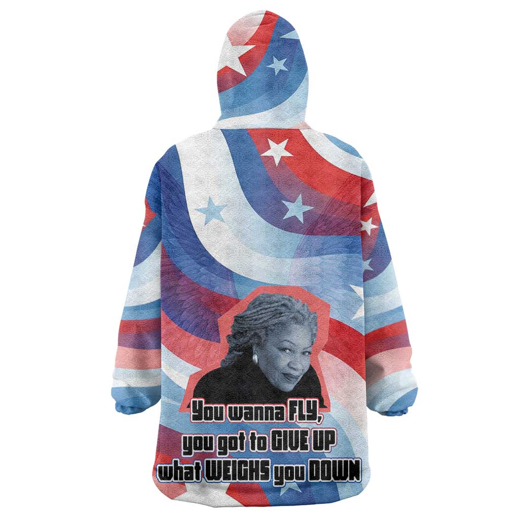 Toni Morrison Wearable Blanket Hoodie Abstract Wings Design Empowering Quote Dual Portrait Celebration of Literary Freedom - African Pride