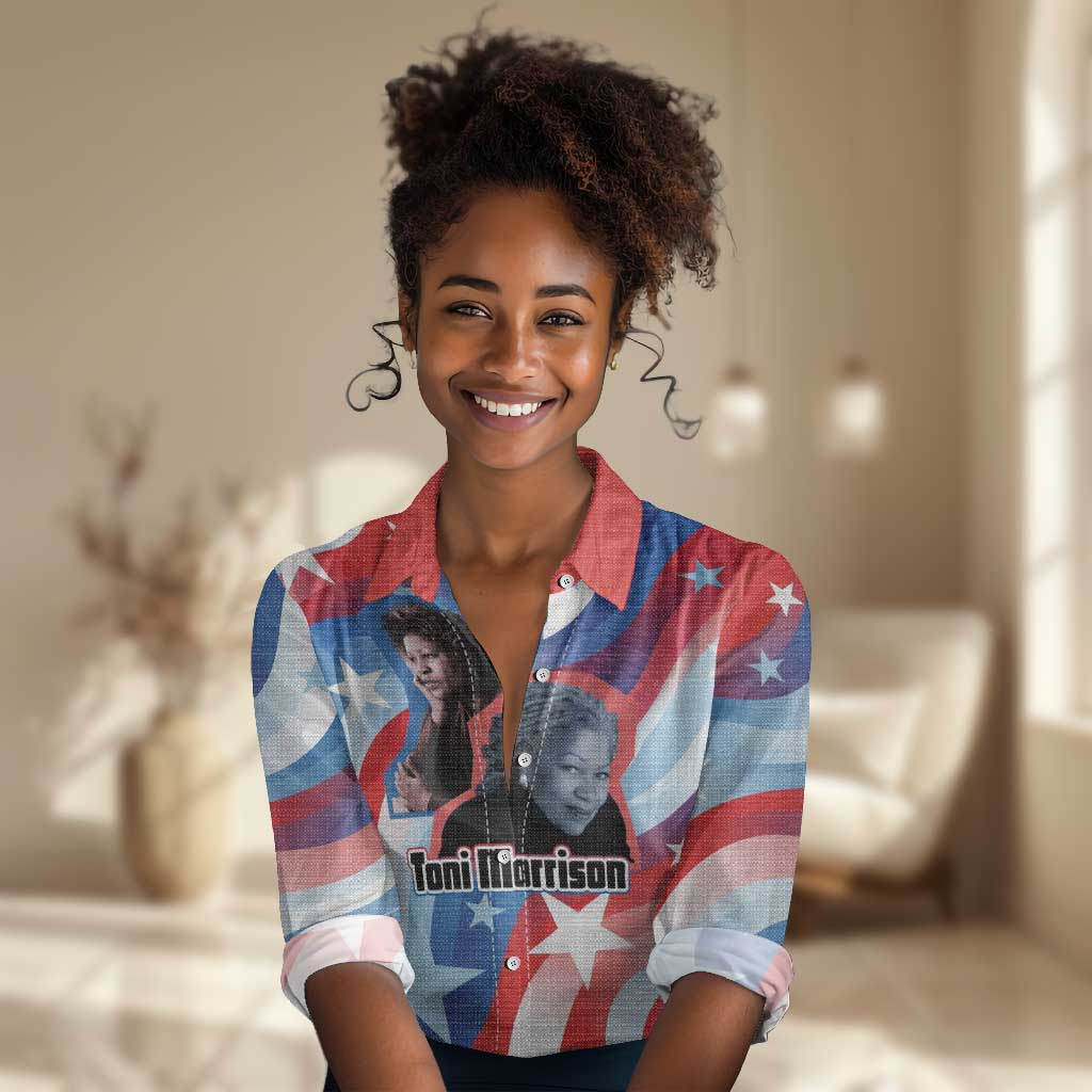 Toni Morrison Women Casual Shirt Abstract Wings Design Empowering Quote Dual Portrait Celebration of Literary Freedom - African Pride