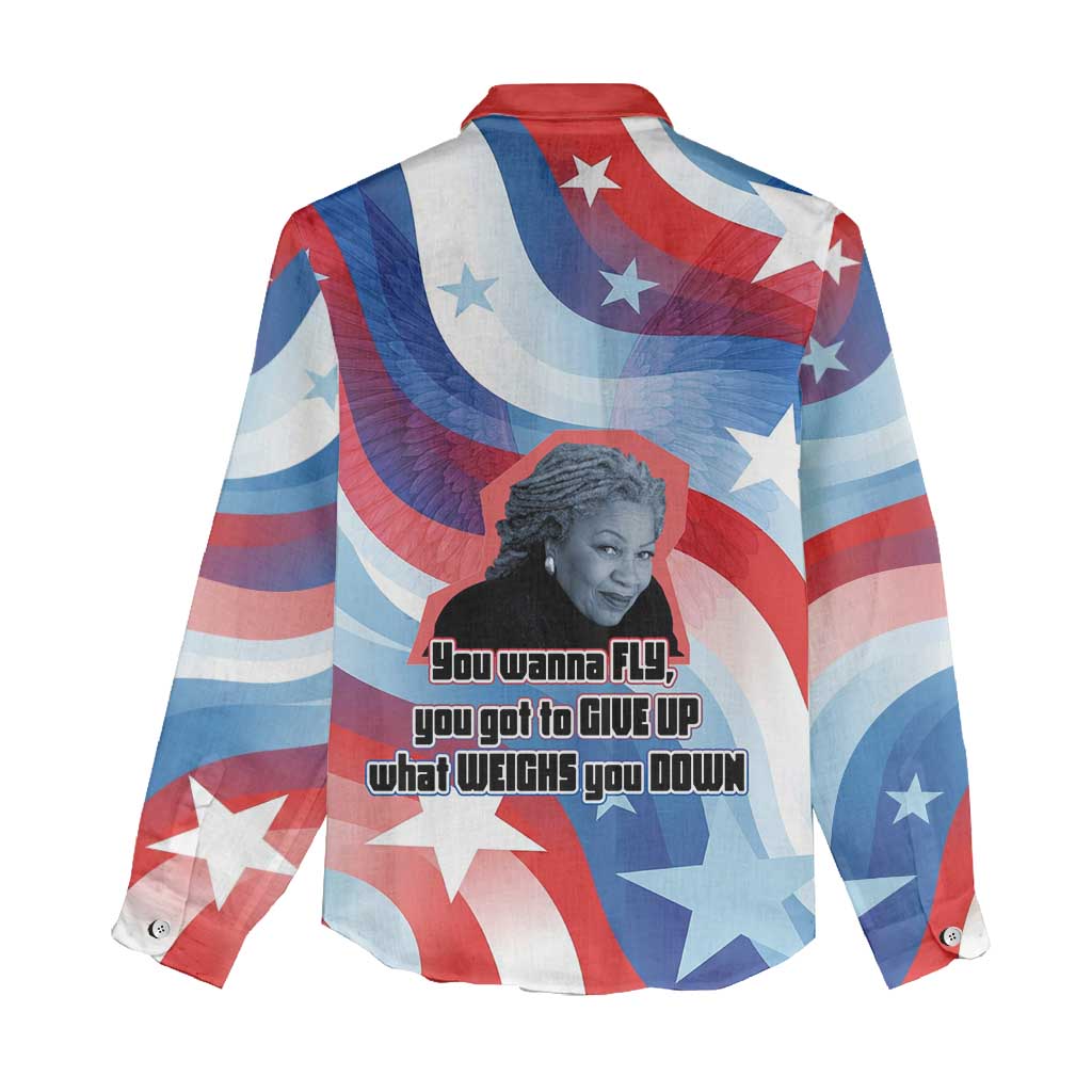 Toni Morrison Women Casual Shirt Abstract Wings Design Empowering Quote Dual Portrait Celebration of Literary Freedom - African Pride