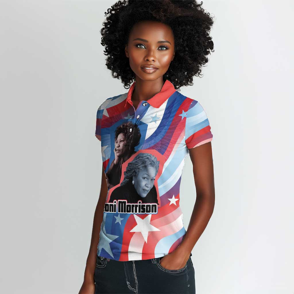 Toni Morrison Women Polo Shirt Abstract Wings Design Empowering Quote Dual Portrait Celebration of Literary Freedom - African Pride