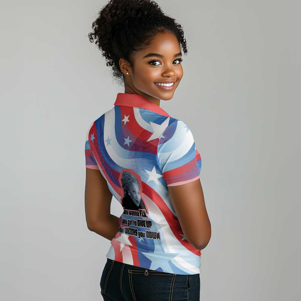 Toni Morrison Women Polo Shirt Abstract Wings Design Empowering Quote Dual Portrait Celebration of Literary Freedom - African Pride