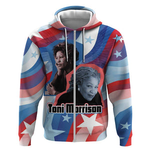 Toni Morrison Zip Hoodie Abstract Wings Design Empowering Quote Dual Portrait Celebration of Literary Freedom - African Pride