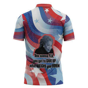 Toni Morrison Zipper Polo Shirt Abstract Wings Design Empowering Quote Dual Portrait Celebration of Literary Freedom - African Pride