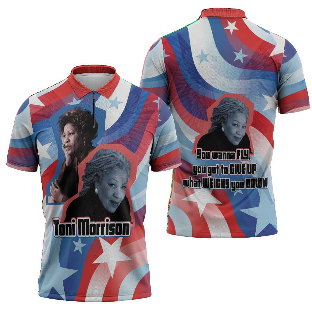 Toni Morrison Zipper Polo Shirt Abstract Wings Design Empowering Quote Dual Portrait Celebration of Literary Freedom - African Pride