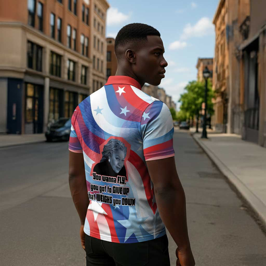 Toni Morrison Zipper Polo Shirt Abstract Wings Design Empowering Quote Dual Portrait Celebration of Literary Freedom - African Pride