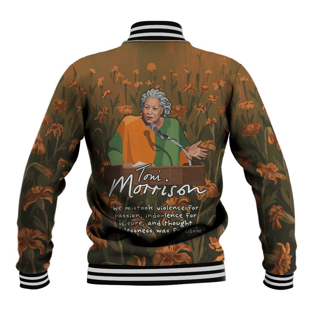 Toni Morrison Baseball Jacket Floral Themed Design Featuring The Bluest Eye Cover Art Thought-Provoking Quote - African Pride
