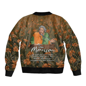 Toni Morrison Bomber Jacket Floral Themed Design Featuring The Bluest Eye Cover Art Thought-Provoking Quote - African Pride