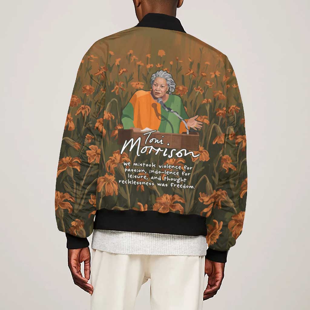 Toni Morrison Bomber Jacket Floral Themed Design Featuring The Bluest Eye Cover Art Thought-Provoking Quote - African Pride