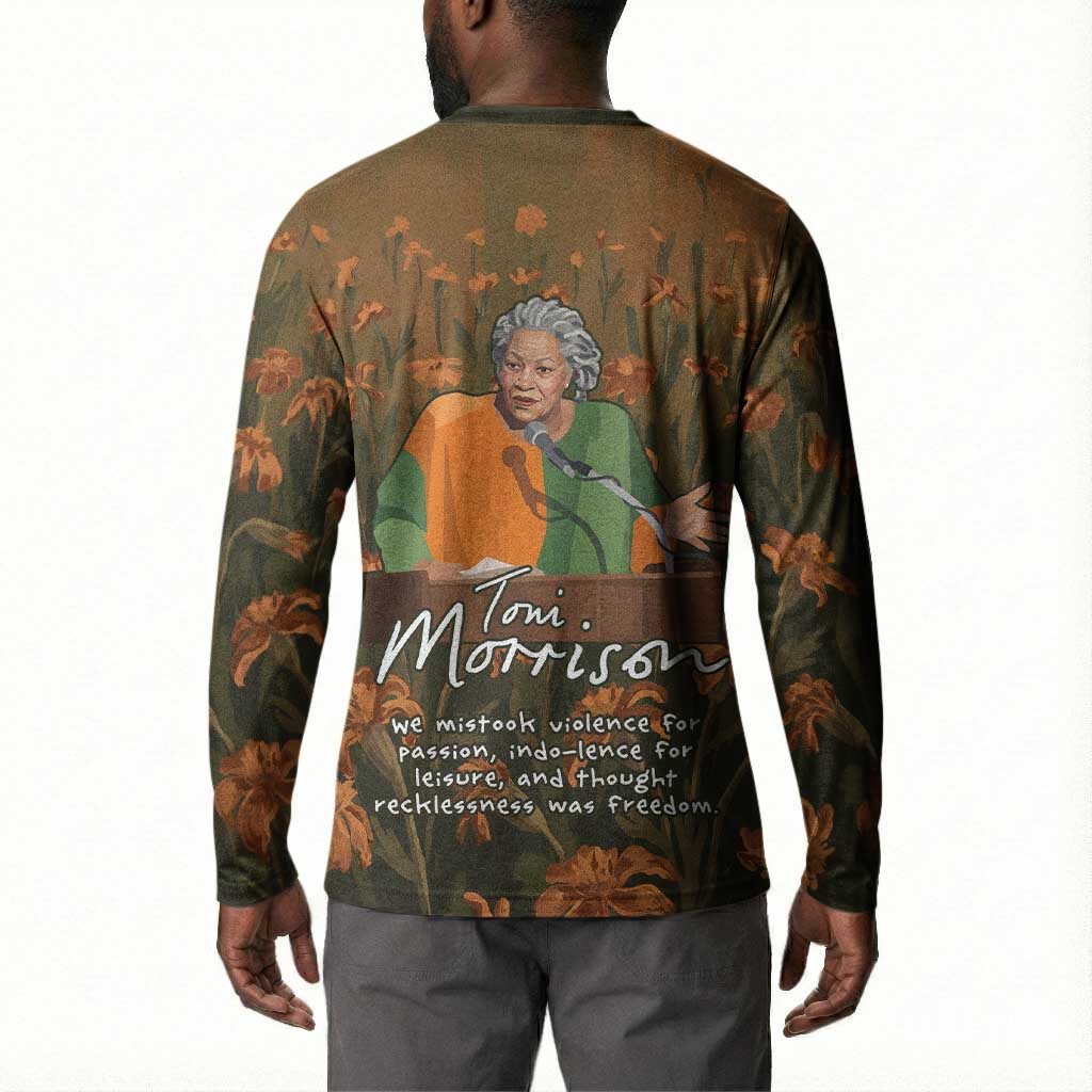 Toni Morrison Button Sweatshirt Floral Themed Design Featuring The Bluest Eye Cover Art Thought-Provoking Quote