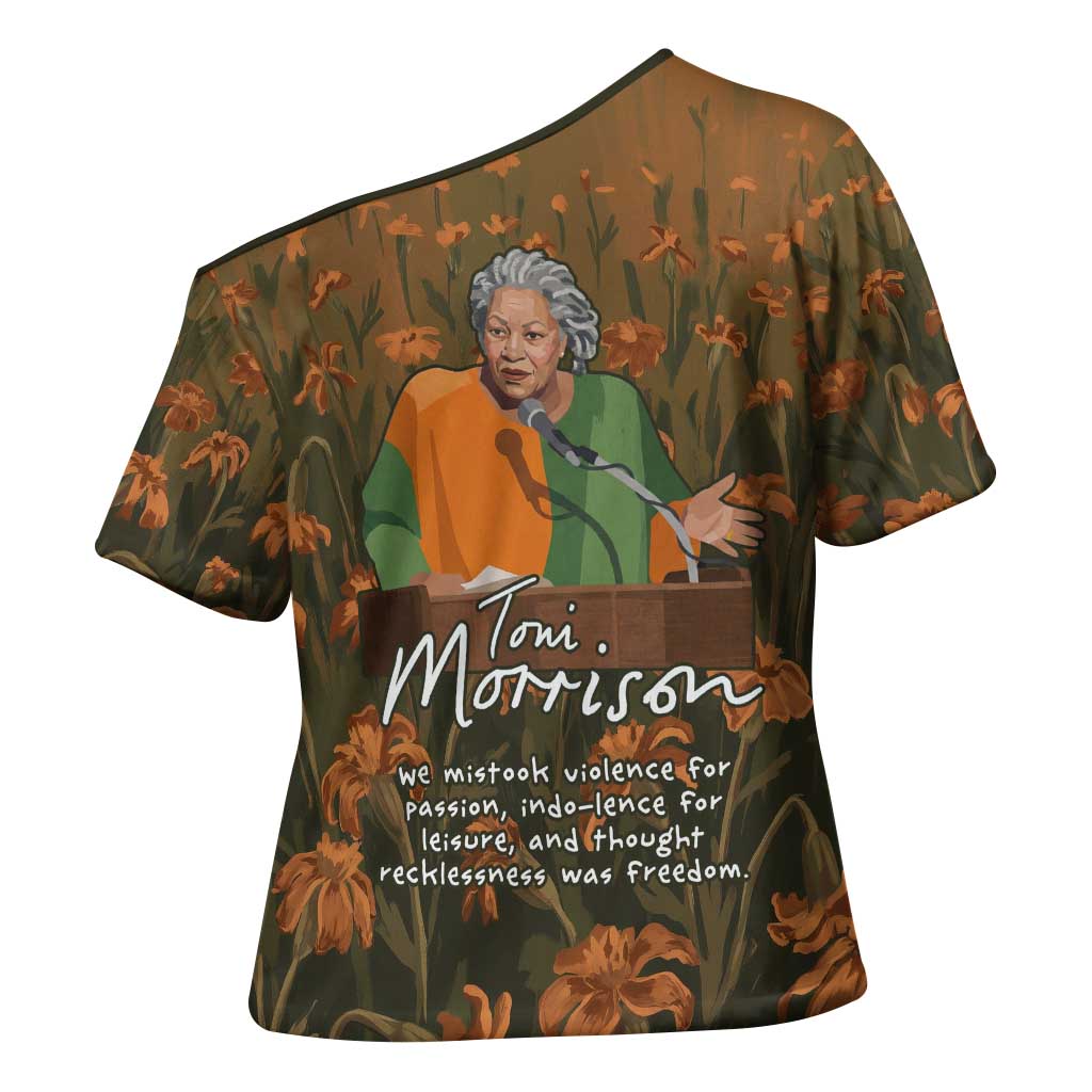 Toni Morrison Cross Shoulder Shirt Floral Themed Design Featuring The Bluest Eye Cover Art Thought-Provoking Quote - African Pride