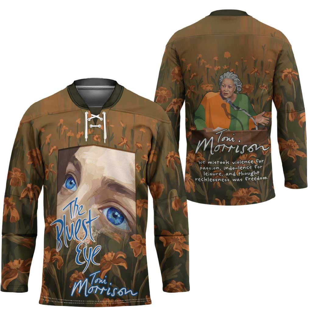 Toni Morrison Hockey Jersey Floral Themed Design Featuring The Bluest Eye Cover Art Thought-Provoking Quote - African Pride