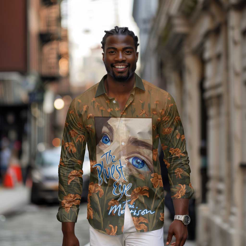 Toni Morrison Long Sleeve Button Shirt Floral Themed Design Featuring The Bluest Eye Cover Art Thought-Provoking Quote - African Pride