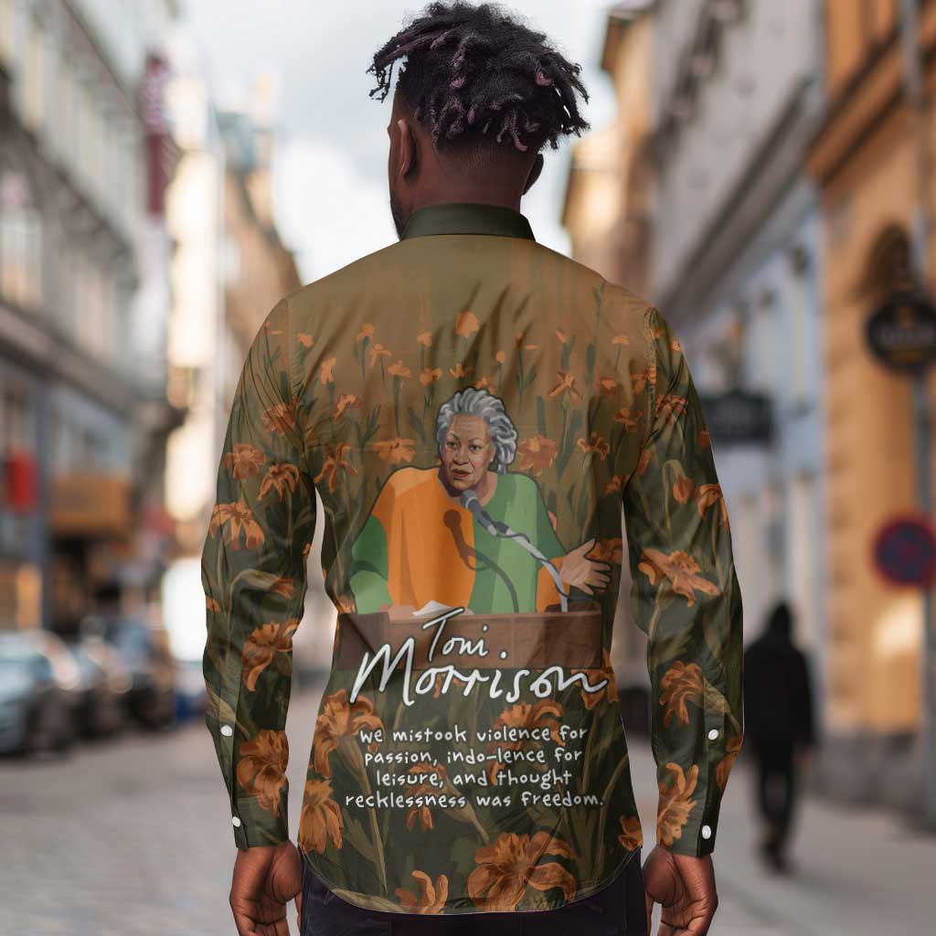 Toni Morrison Long Sleeve Button Shirt Floral Themed Design Featuring The Bluest Eye Cover Art Thought-Provoking Quote - African Pride