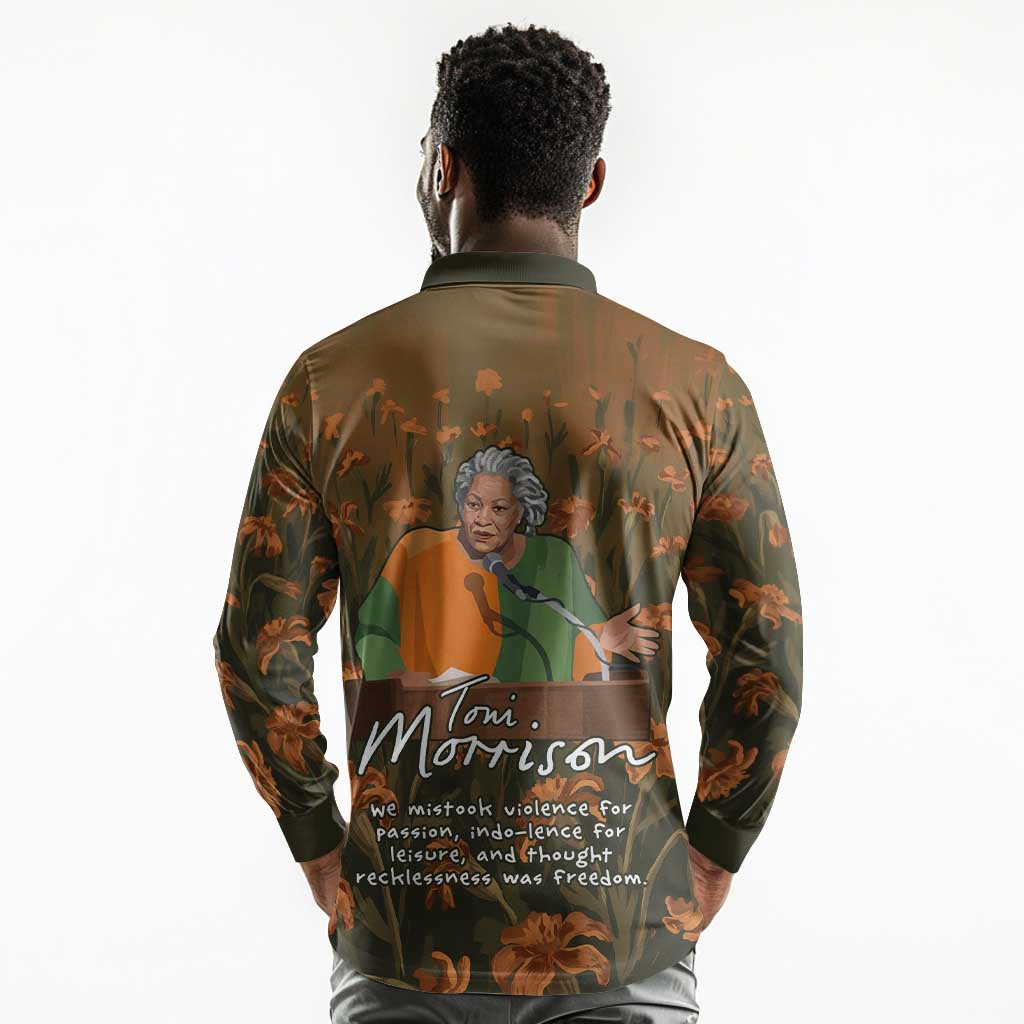 Toni Morrison Long Sleeve Polo Shirt Floral Themed Design Featuring The Bluest Eye Cover Art Thought-Provoking Quote - African Pride