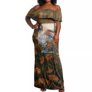 Toni Morrison Off Shoulder Maxi Dress Floral Themed Design Featuring The Bluest Eye Cover Art Thought-Provoking Quote - African Pride