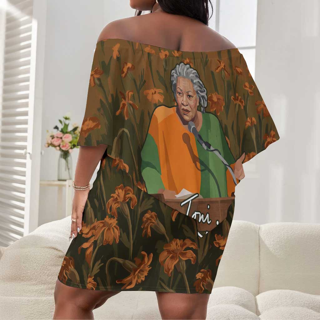 Toni Morrison Off Shoulder Short Dress Floral Themed Design Featuring The Bluest Eye Cover Art Thought-Provoking Quote - African Pride