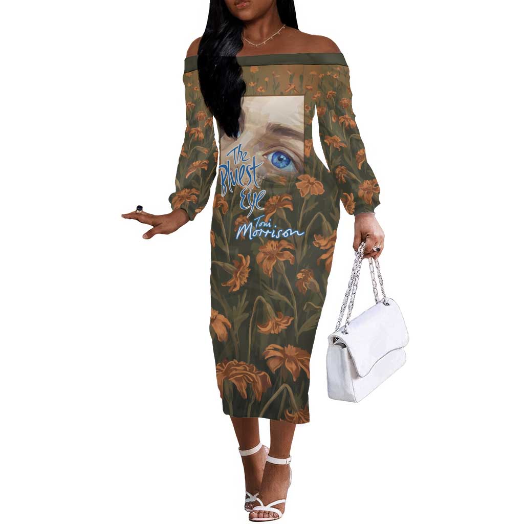 Toni Morrison Off The Shoulder Long Sleeve Dress Floral Themed Design Featuring The Bluest Eye Cover Art Thought-Provoking Quote - African Pride