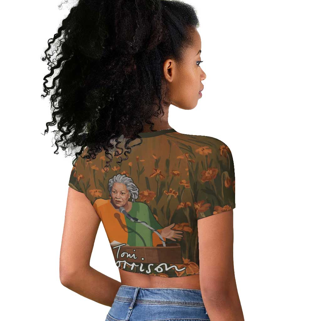 Toni Morrison Raglan Cropped T shirt Floral Themed Design Featuring The Bluest Eye Cover Art Thought-Provoking Quote - African Pride