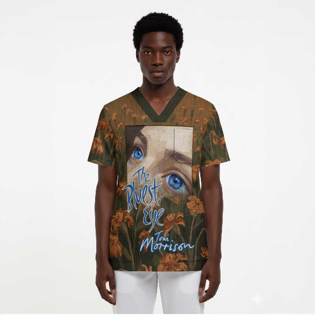 Toni Morrison Scrub Top Floral Themed Design Featuring The Bluest Eye Cover Art Thought-Provoking Quote - African Pride