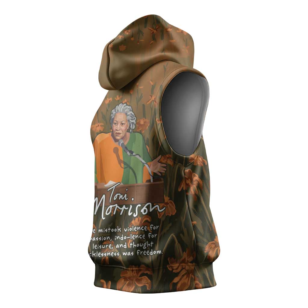 Toni Morrison Sleeveless Hoodie Floral Themed Design Featuring The Bluest Eye Cover Art Thought-Provoking Quote - African Pride