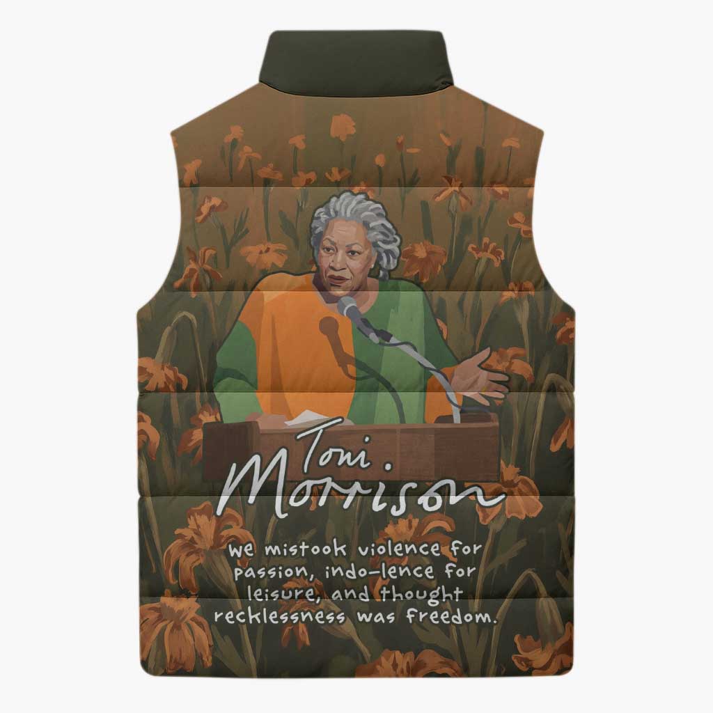 Toni Morrison Sleeveless Puffer Jacket Floral Themed Design Featuring The Bluest Eye Cover Art Thought-Provoking Quote - African Pride