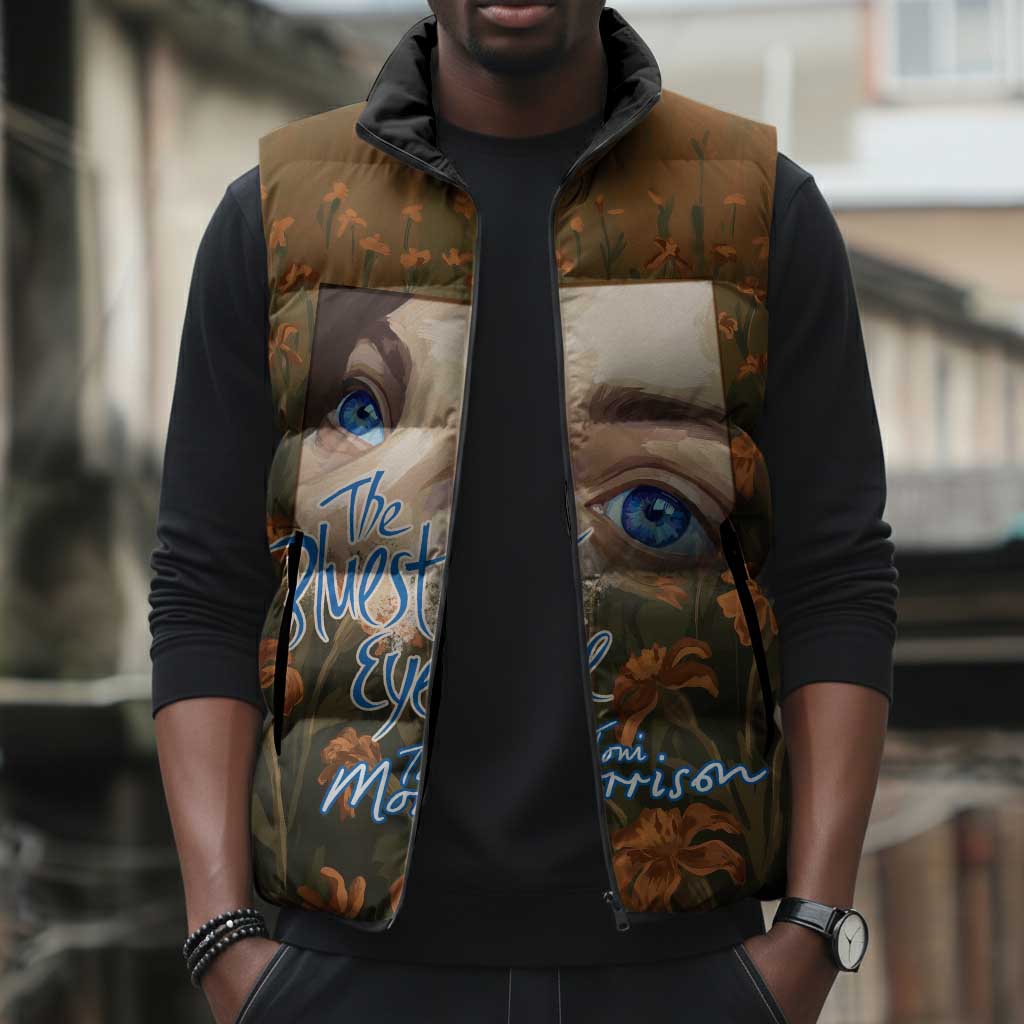 Toni Morrison Sleeveless Puffer Jacket Floral Themed Design Featuring The Bluest Eye Cover Art Thought-Provoking Quote - African Pride