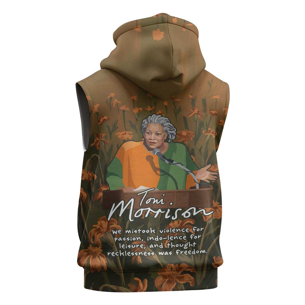 Toni Morrison Sleeveless Zip Hoodie Floral Themed Design Featuring The Bluest Eye Cover Art Thought-Provoking Quote - African Pride