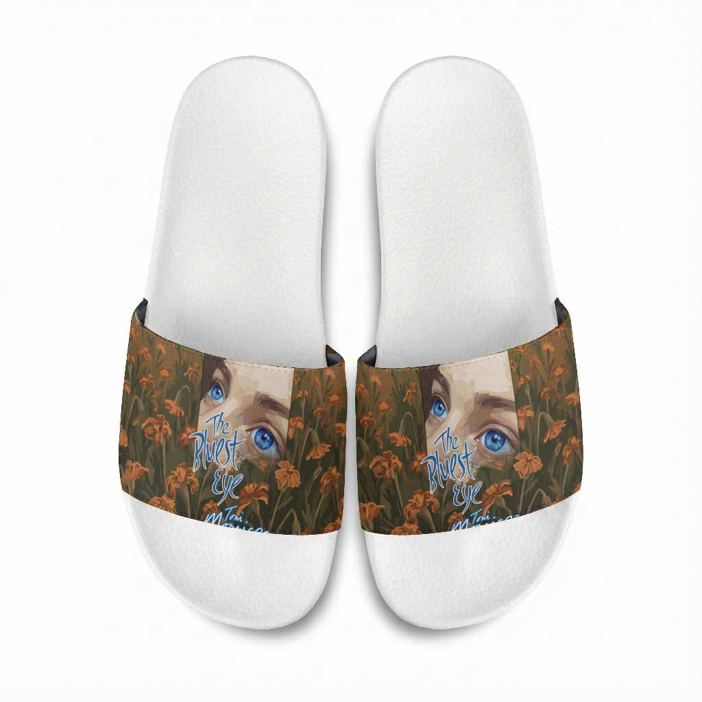 Toni Morrison Slide Sandals Floral Themed Design Featuring The Bluest Eye Cover Art Thought-Provoking Quote - African Pride
