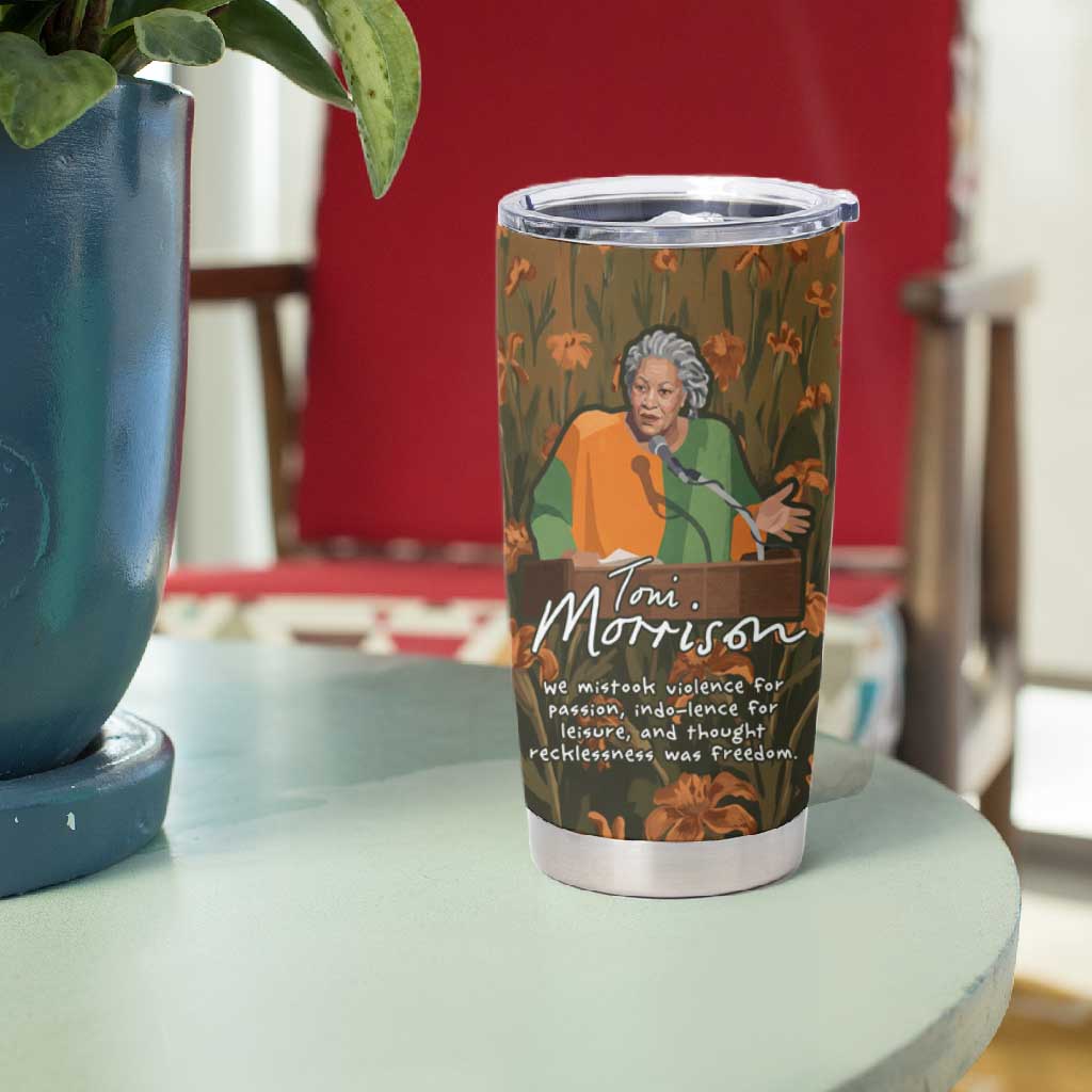 Toni Morrison Tumbler Cup Floral Themed Design Featuring The Bluest Eye Cover Art Thought-Provoking Quote - African Pride