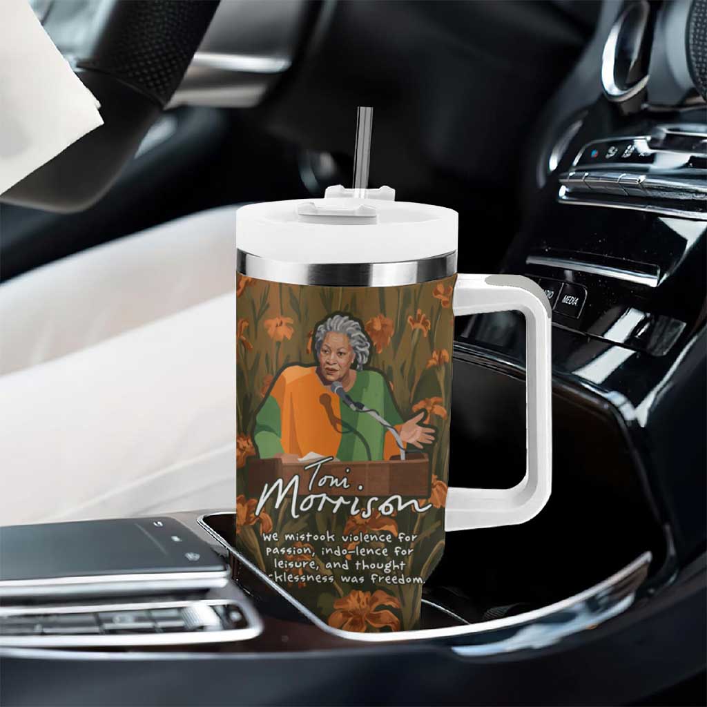 Toni Morrison Tumbler With Handle Floral Themed Design Featuring The Bluest Eye Cover Art Thought-Provoking Quote - African Pride