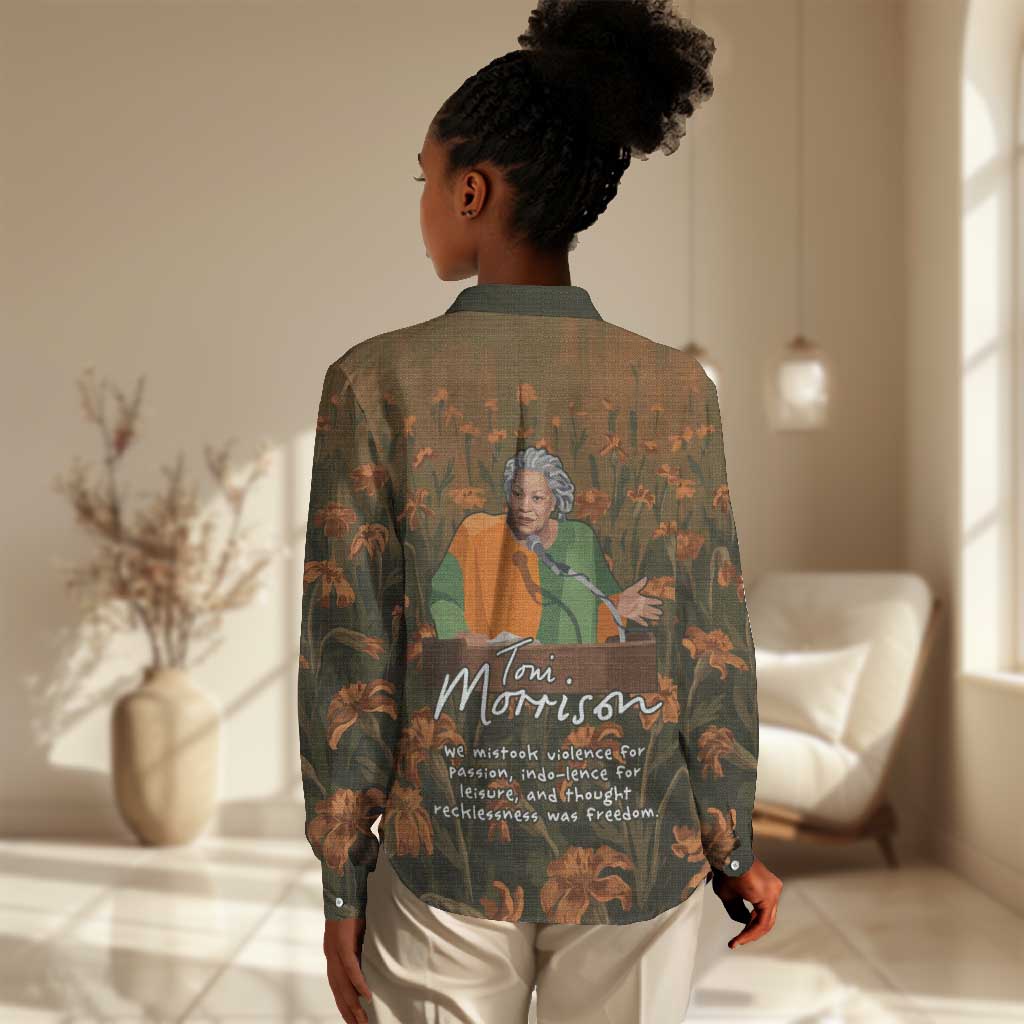 Toni Morrison Women Casual Shirt Floral Themed Design Featuring The Bluest Eye Cover Art Thought-Provoking Quote - African Pride
