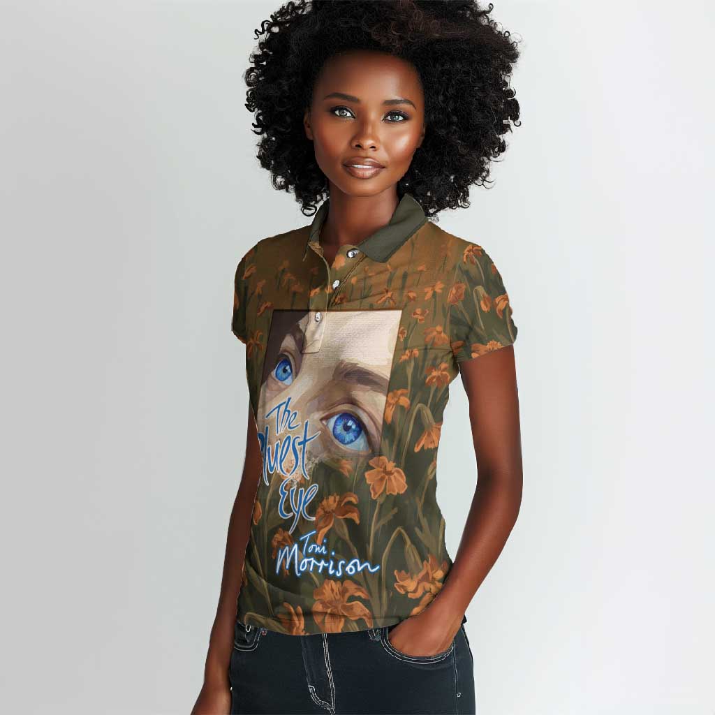 Toni Morrison Women Polo Shirt Floral Themed Design Featuring The Bluest Eye Cover Art Thought-Provoking Quote - African Pride