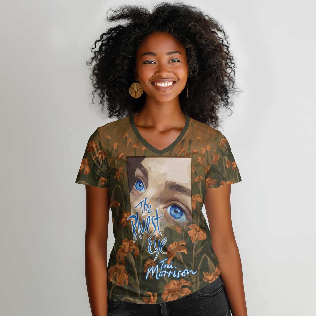 Toni Morrison Women V-Neck T-Shirt Floral Themed Design Featuring The Bluest Eye Cover Art Thought-Provoking Quote - African Pride