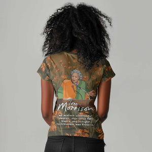 Toni Morrison Women V-Neck T-Shirt Floral Themed Design Featuring The Bluest Eye Cover Art Thought-Provoking Quote - African Pride