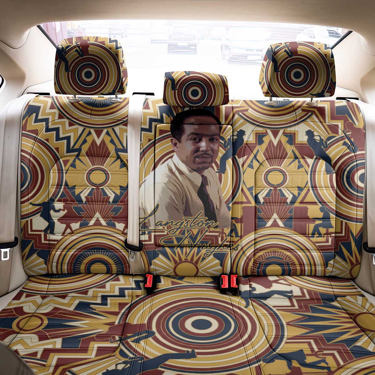 Langston Hughes Back Car Seat Cover Vibrant Jazz Age Pattern - Typewriter and Silhouettes Celebration of Harlem Renaissance - African Pride