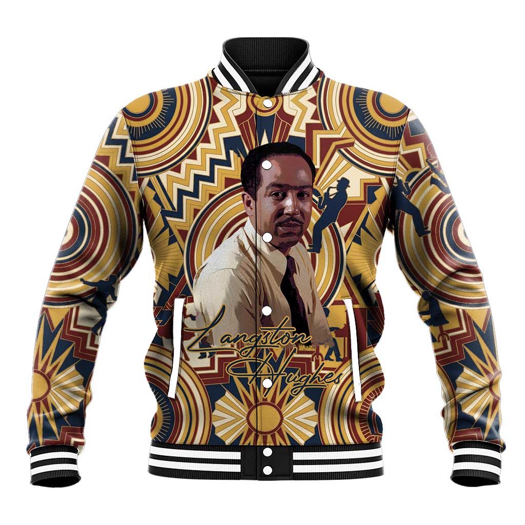 Langston Hughes Baseball Jacket Vibrant Jazz Age Pattern - Typewriter and Silhouettes Celebration of Harlem Renaissance - African Pride