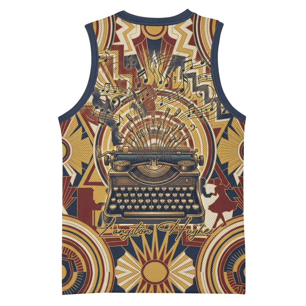 Langston Hughes Basketball Jersey Vibrant Jazz Age Pattern - Typewriter and Silhouettes Celebration of Harlem Renaissance - African Pride