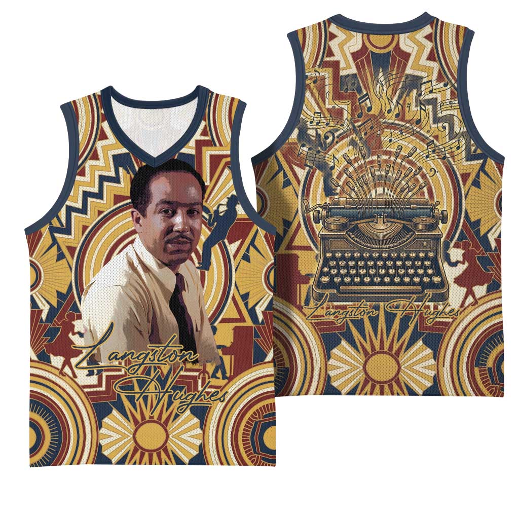Langston Hughes Basketball Jersey Vibrant Jazz Age Pattern - Typewriter and Silhouettes Celebration of Harlem Renaissance - African Pride