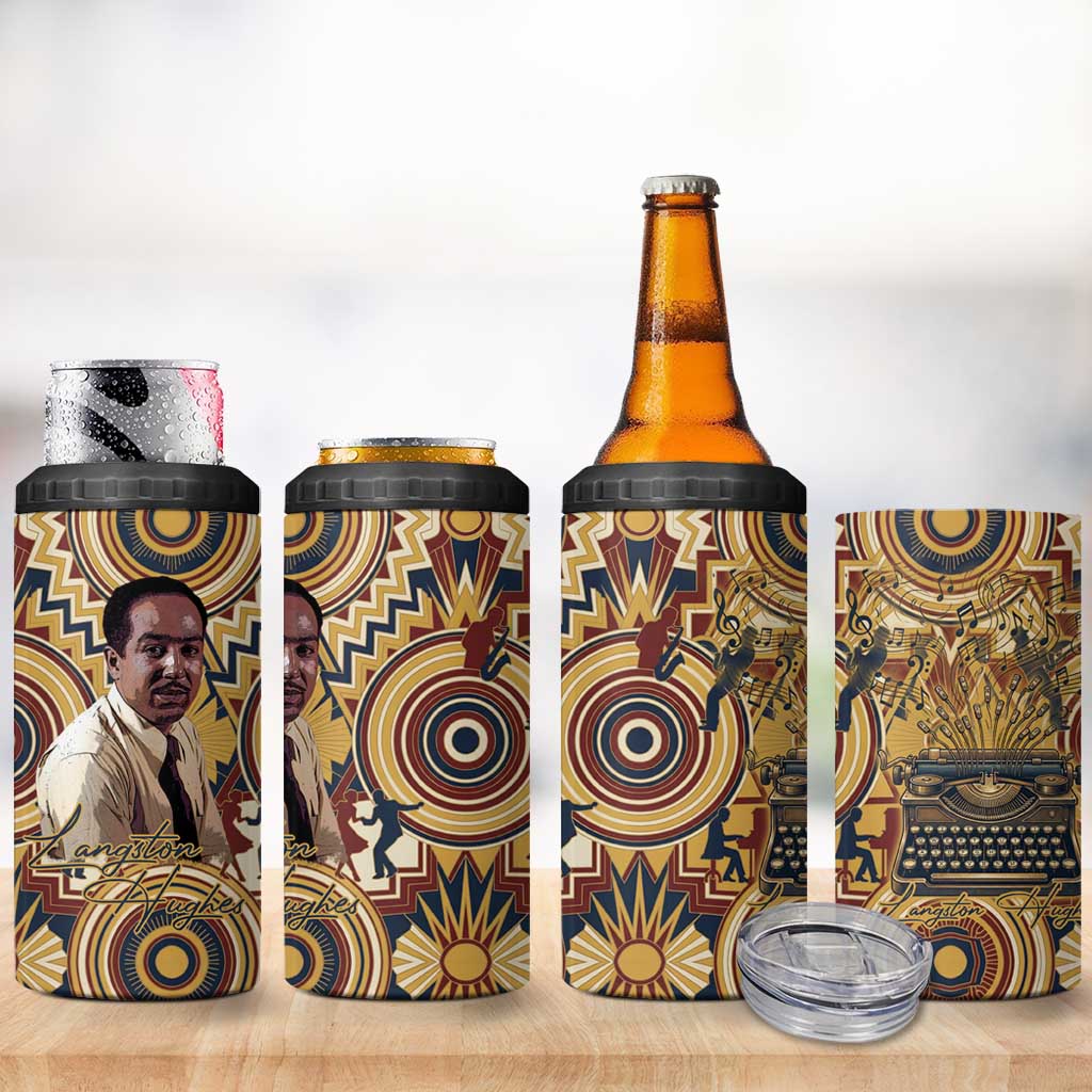 Langston Hughes 4 in 1 Can Cooler Tumbler Vibrant Jazz Age Pattern - Typewriter and Silhouettes Celebration of Harlem Renaissance - African Pride