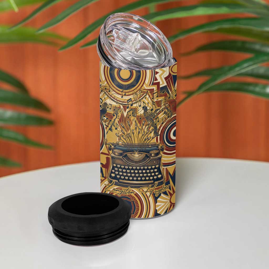 Langston Hughes 4 in 1 Can Cooler Tumbler Vibrant Jazz Age Pattern - Typewriter and Silhouettes Celebration of Harlem Renaissance - African Pride