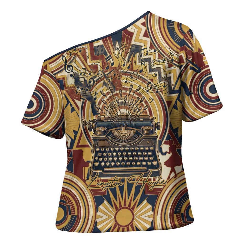 Langston Hughes Cross Shoulder Shirt Vibrant Jazz Age Pattern - Typewriter and Silhouettes Celebration of Harlem Renaissance - African Pride