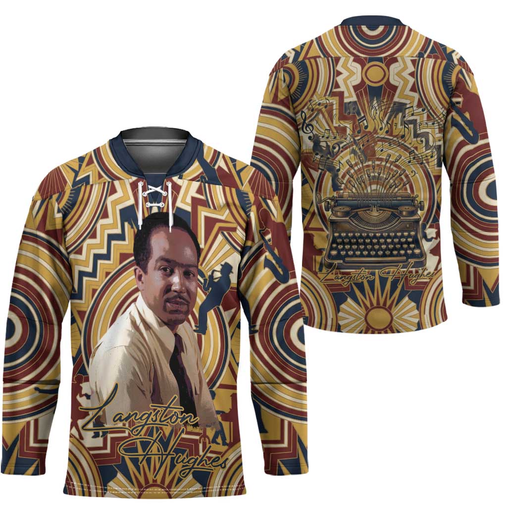 Langston Hughes Hockey Jersey Vibrant Jazz Age Pattern - Typewriter and Silhouettes Celebration of Harlem Renaissance - African Pride