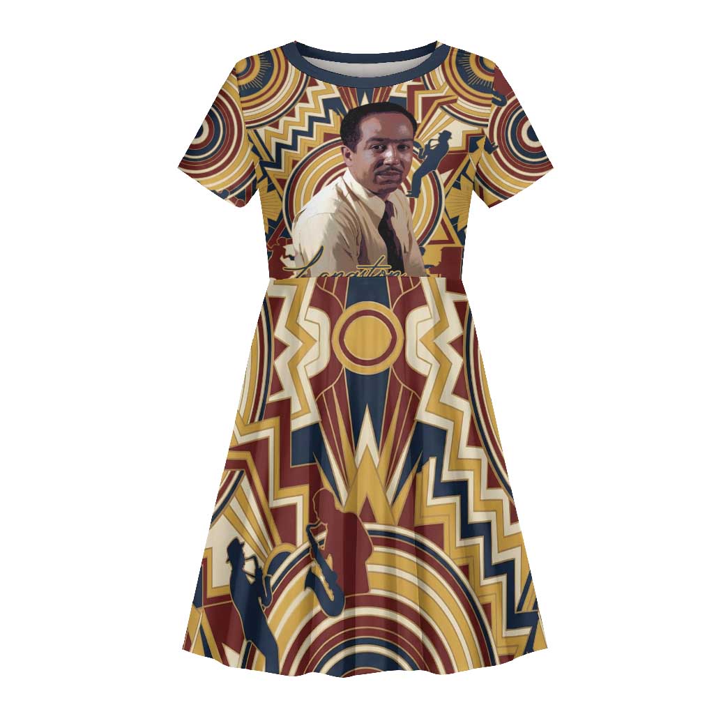 Langston Hughes Kid Short Sleeve Dress Vibrant Jazz Age Pattern - Typewriter and Silhouettes Celebration of Harlem Renaissance - African Pride