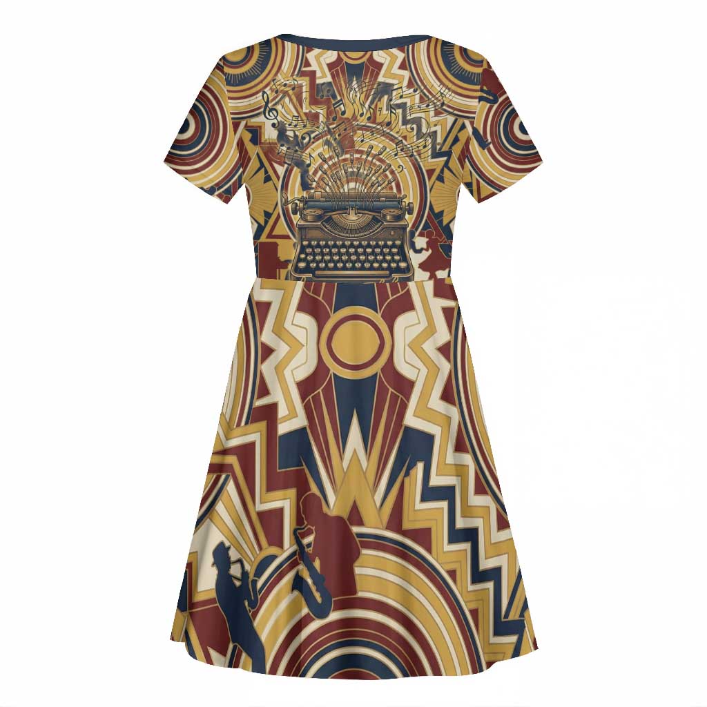 Langston Hughes Kid Short Sleeve Dress Vibrant Jazz Age Pattern - Typewriter and Silhouettes Celebration of Harlem Renaissance - African Pride