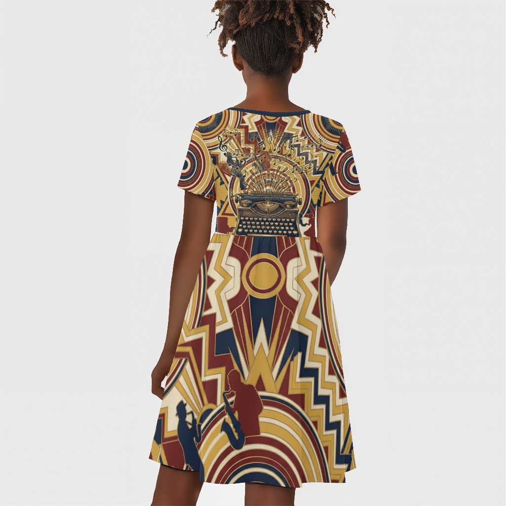Langston Hughes Kid Short Sleeve Dress Vibrant Jazz Age Pattern - Typewriter and Silhouettes Celebration of Harlem Renaissance - African Pride